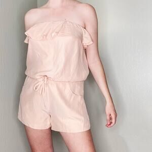 Amanda Uprichard Blush Pink Tube Shorts Romper with Ruffle + Drawstring Waist